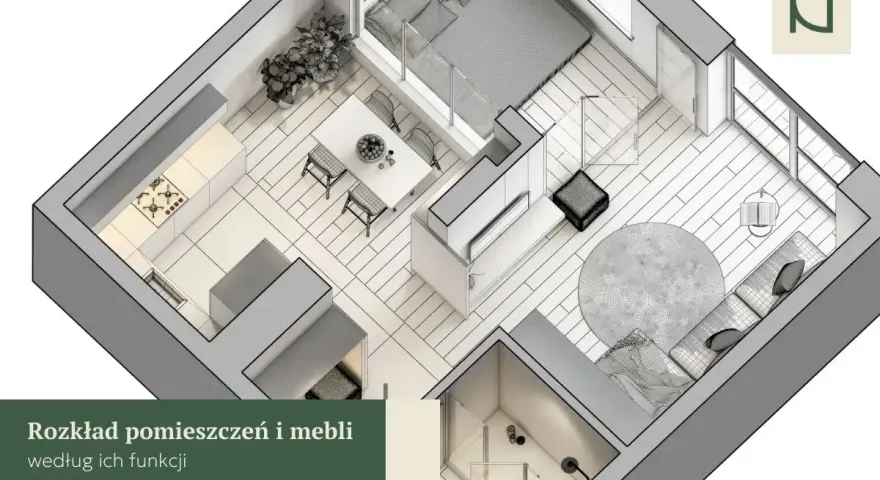 Rozkład mieszkania z kuchnią, jadalnią, sypialnią i salonem, zgodny z zasadami feng shui.