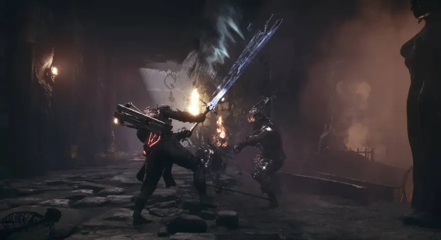 Un guerrero con una espada de hielo lucha contra un enemigo blindado. Un **guía mortal shell** para dominar este combate.