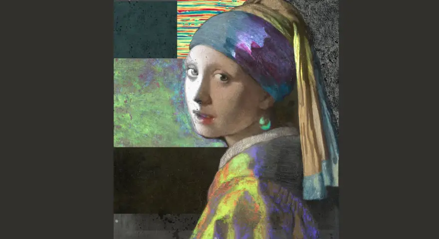 La jeune fille à la perle, revisitée avec des collages abstraits aux couleurs vives et texturées, pose avec son regard mystérieux.