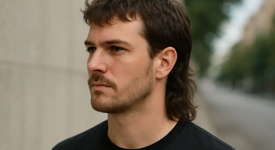 Mężczyzna z charakterystyczną fryzurą mullet, z krótkimi włosami z przodu i dłuższymi z tyłu, patrzy w bok.