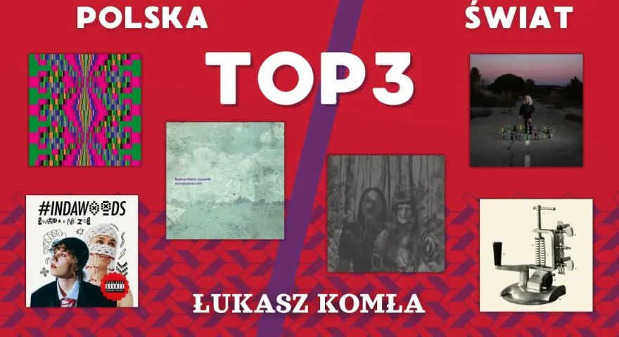 Okładki płyt: #INDAWOODS, Radical Polish Ansambl, zdjęcie z lasu, dziewczyna z butelkami, mechaniczne urządzenie. Łukasz Komla prezentuje polski folk.