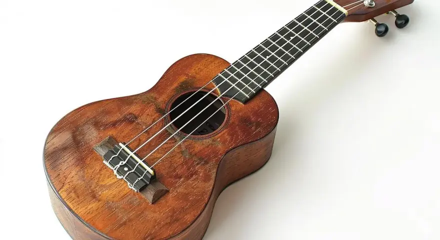 Drewniane ukulele z widocznymi śladami użytkowania. Na gryfie widać progi, a na pudle rezonansowym struny. Idealne do nauki chwytów na ukulele.