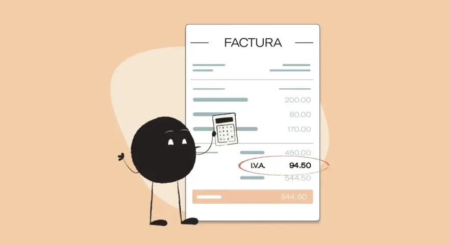 Ilustración de facturas con IVA incluido, ejemplos de cálculo. Un personaje animado sostiene una calculadora junto a una factura.