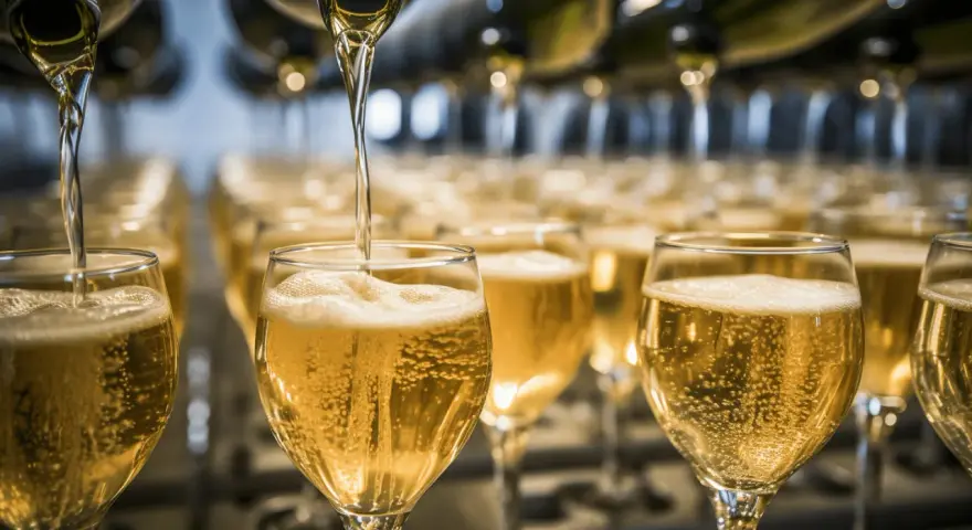 Bubbel hälls upp i glas. En flaska bubbel ger många glas, perfekt för festen!