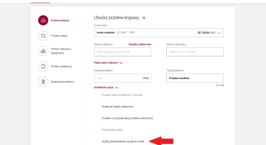 Formularz tworzenia przelewu krajowego. Możliwość wysłania potwierdzenia na e-mail, co jest kluczowe dla dokumentowania transakcji jako dowód wpłaty.