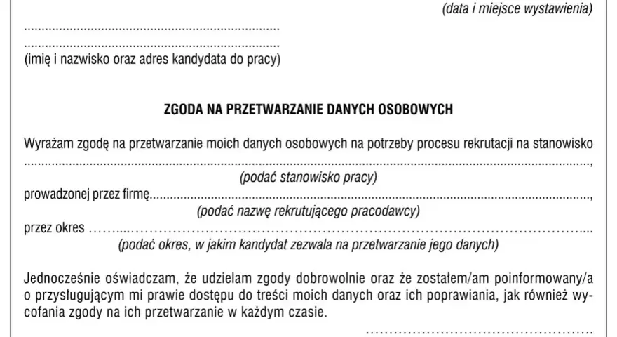 Formularz zgody na przetwarzanie danych osobowych w procesie rekrutacji. Kandydat wyraża zgodę na przetwarzanie danych na potrzeby pracy.