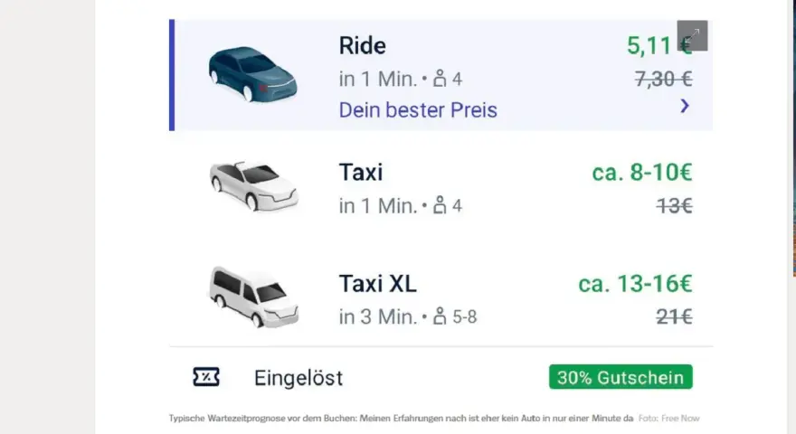 Free Now Fahrgast: Ride ab 5,11€, Taxi ab 8-10€. Die App bietet Gutscheine, aber die Bewertung ist gemischt.