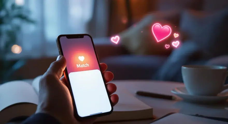 Dłoń trzyma smartfon z ekranem aplikacji randkowej, gdzie widnieje napis "Match" i serduszka. To inspiracja, jak zacząć na Tinderze.