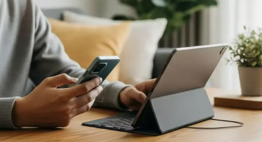 Person verbindet handy mit tablet, um effizient zu arbeiten.