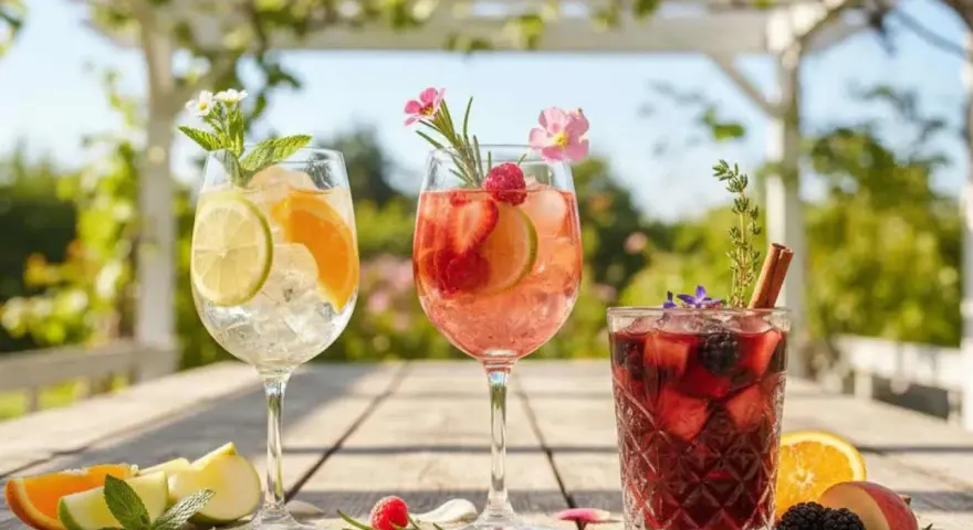 Tre färgglada sangriadrycker med frukt och örter på ett träbord utomhus. Perfekt för ett somrigt sangria recept.
