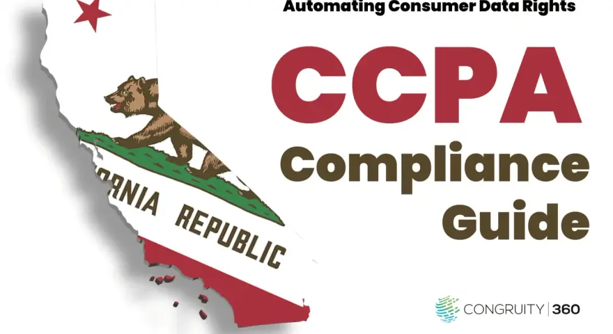 California map with bear, "Automating Consumer Data Rights CCPA Compliance Guide" text. Learn the CCPA meaning and how to comply.