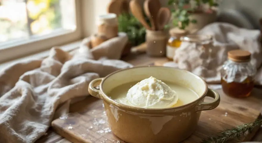 Un généreux monticule de fromage blanc faisselle dans un bol, prêt à être dégusté.