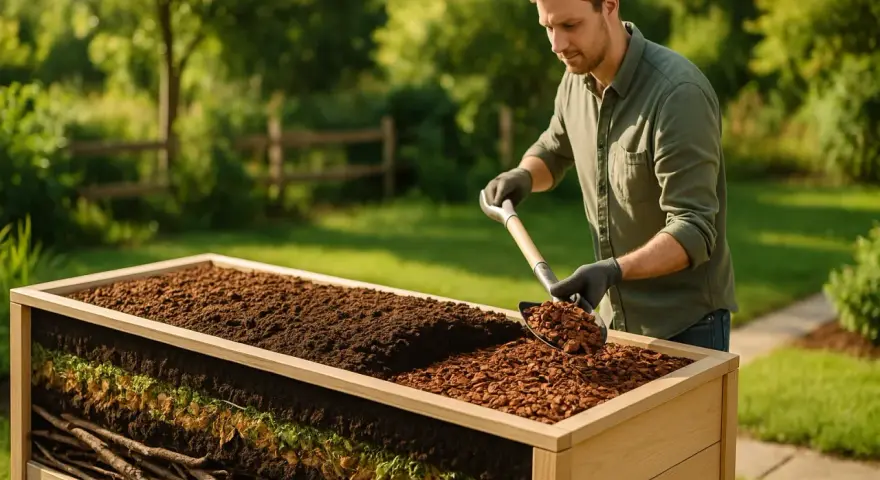 Mann schaufelt rindenmulch ins hochbeet. Die Schichten des Beetes sind sichtbar: Äste, Pflanzenreste, Erde und Mulch.