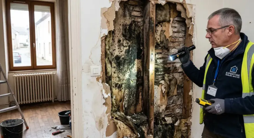 Expertise immobilière inspecte un mur dégradé par l'humidité, révélant des moisissures. Ce cas pourrait relever de la jurisprudence vice caché maison.