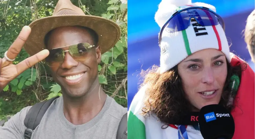 Federica Brignone sorride, mentre il suo fidanzato fa il segno della vittoria.