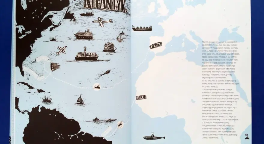 Mapa Atlantyku z trasami podróży: statki, samoloty, żaglowce, łodzie podwodne. Aleksander Doba przepłynął ocean dwukrotnie.