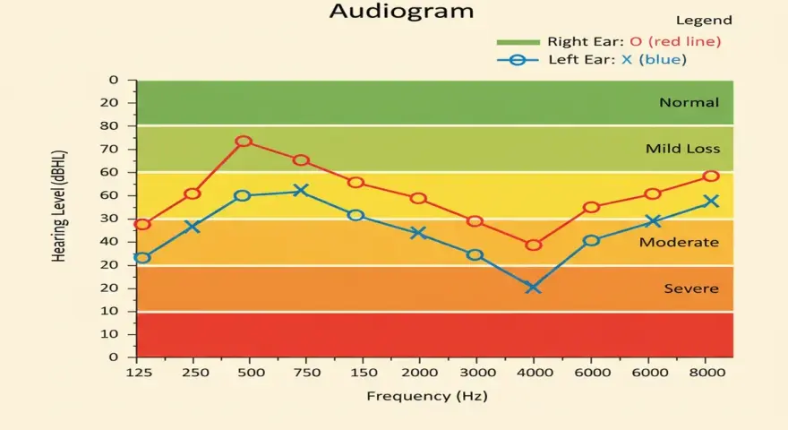 Audiogram montrant la formule décibel pour l'oreille droite (rouge) et gauche (bleu), indiquant différents niveaux de perte auditive.