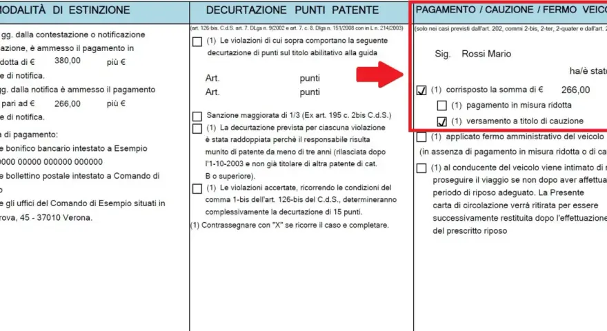 Pagamento di €266,00 per violazione art. 94 CDS, con versamento a titolo di cauzione.
