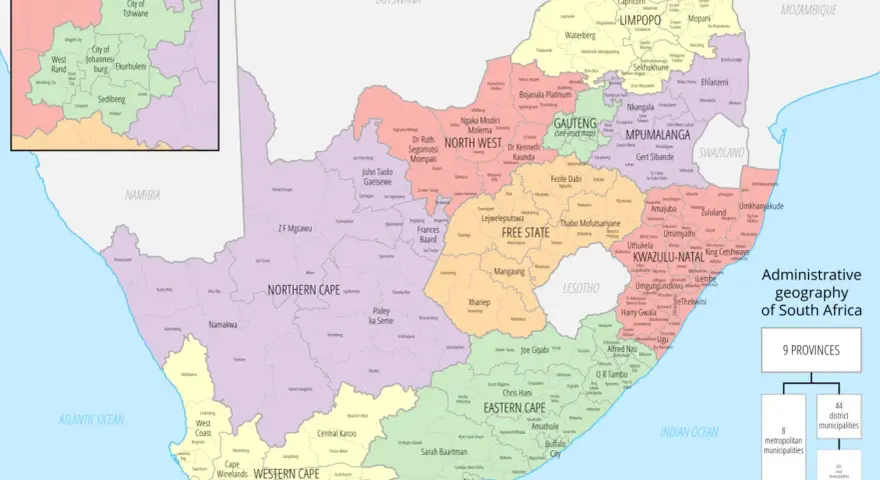 Mapa administracyjna RPA, pokazująca 9 prowincji i ich podział. Zobacz, rpa co to za kraj, na mapie!