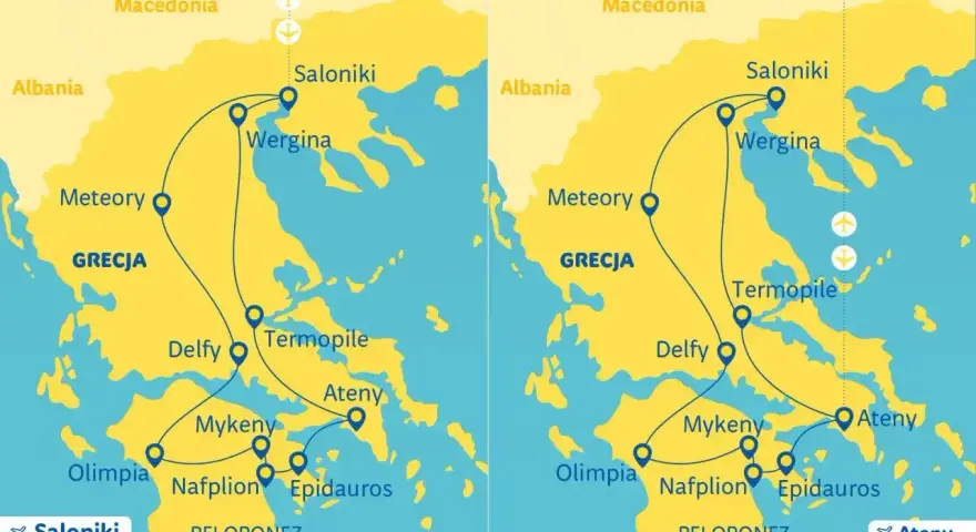 Trasa wycieczki po Grecji, obejmująca Saloniki, Meteory, Delfy, Termopile, Ateny, Mykeny, Epidauros, Nafplion, Olimpię i półwysep Peloponez.