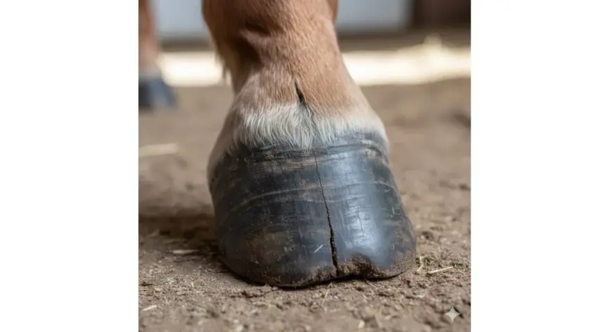 Gros plan sur le sabot noir d'un cheval, montrant une fissure visible. Le poil brun clair du cheval est visible au-dessus du sabot.