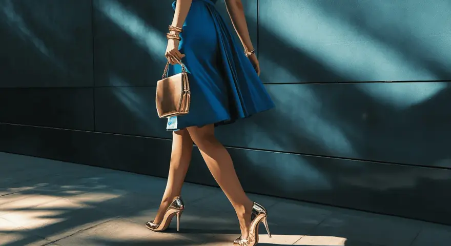 Złote szpilki i torebka to idealne dodatki do niebieskiej sukienki, tworząc elegancki look.