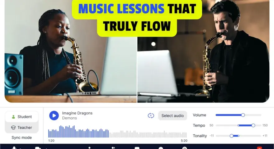 Kobieta i mężczyzna grają na saksofonie podczas lekcji online. Muzyka płynie!