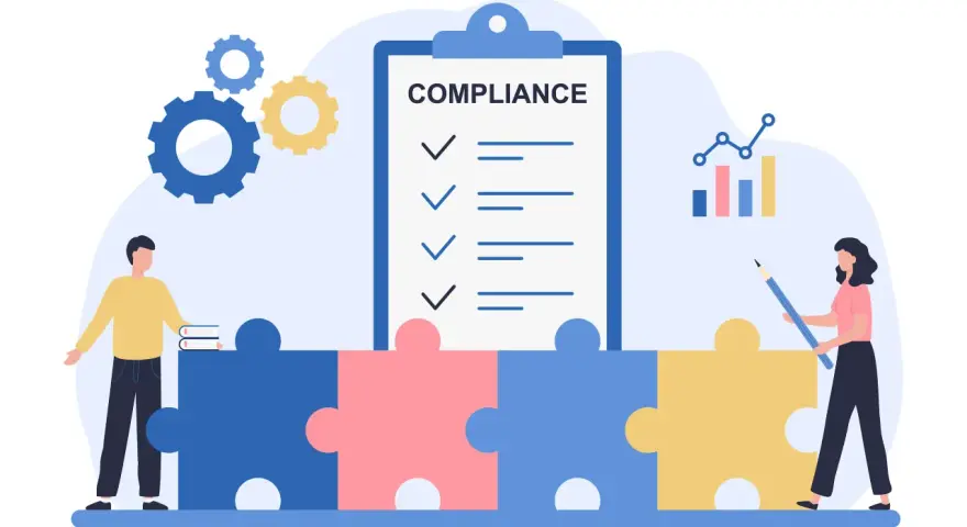 Puzzle pieces form a base for a compliance checklist, gears, and a graph, symbolizing the structured approach to social media compliance.