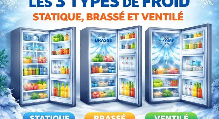 Trois réfrigérateurs illustrent les types de froid : statique, brassé et ventilé. Le froid brassé ou ventilé maintient les aliments frais.