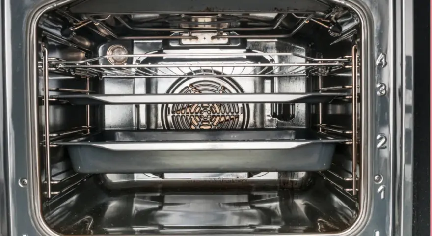 Interior de un horno con rejillas y bandejas, mostrando el ventilador.