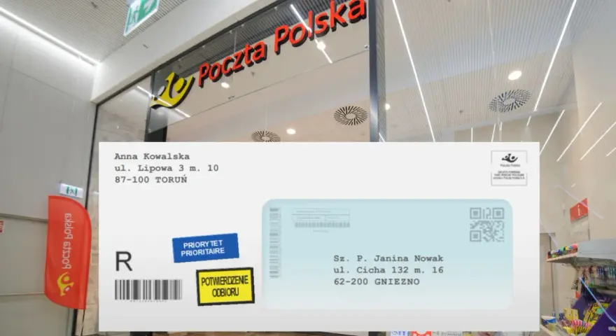 Jak sprawdzić nadawcę listu poleconego po numerze? Na kopercie Poczty Polskiej widzimy adres nadawcy i odbiorcy, a także kody kreskowe i QR.