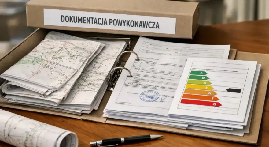 Pudełko z etykietą "DOKUMENTACJA POWYKONAWCZA" zawiera mapy, akta i kartę charakterystyki energetycznej.