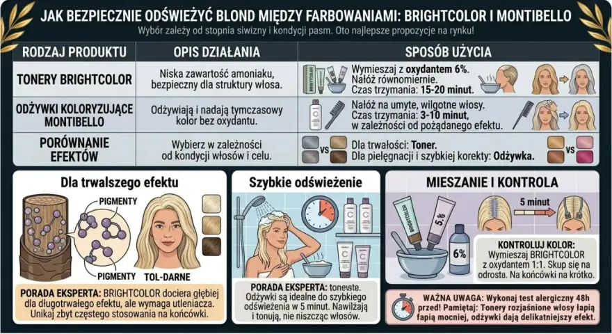 Porównanie tonerów i odżywek do włosów: BRIGHTCOLOR dla trwałego efektu, MONTIBELLO dla szybkiego odświeżenia. Różne cmr kolory i sposoby użycia.
