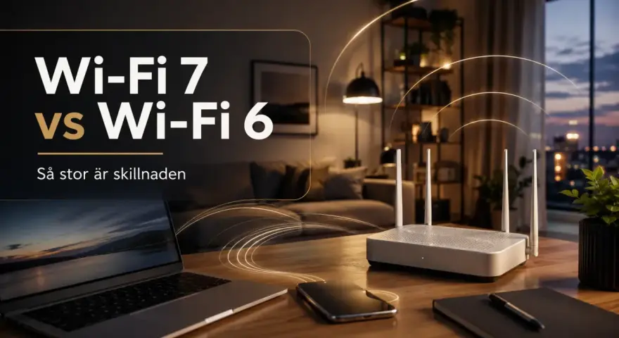 Wi-Fi 7 vs Wi-Fi 6: en jämförelse av trådlös teknik. En router med antenner på ett bord, bredvid en laptop och en mobiltelefon.