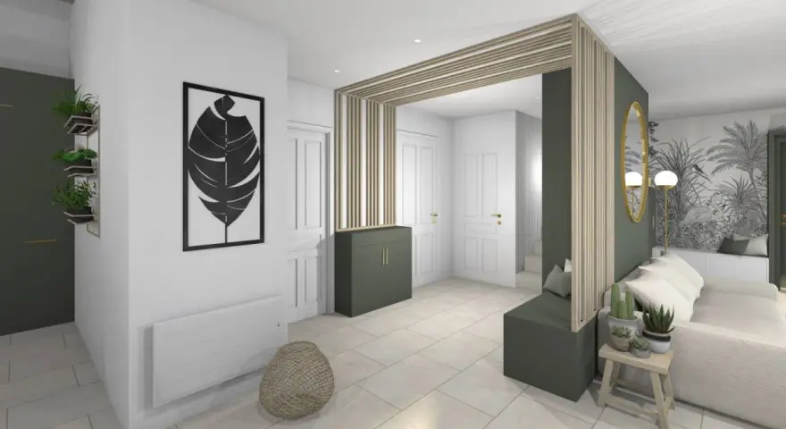 Une entrée accueillante pour créer une entrée dans le salon, avec un banc, une banquette et une décoration murale végétale.