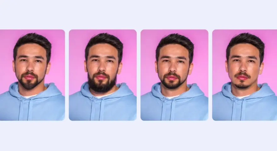 Hombre con diferentes tipos de barba para cara redonda: barba corta, poblada, de chivo y de tres días.