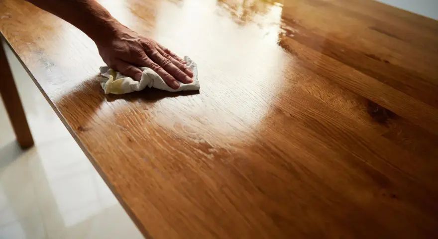 Mano che lucida un tavolo di legno con un panno, mostrando come ravvivare il legno vecchio con un trattamento che ne esalta la venatura.