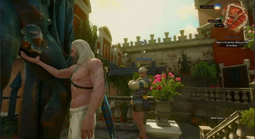 Geralt z Rivii, w poszukiwaniu wiedźmin 3 jaja reginalda, rozmawia z bogatym mieszczaninem na tarasie.