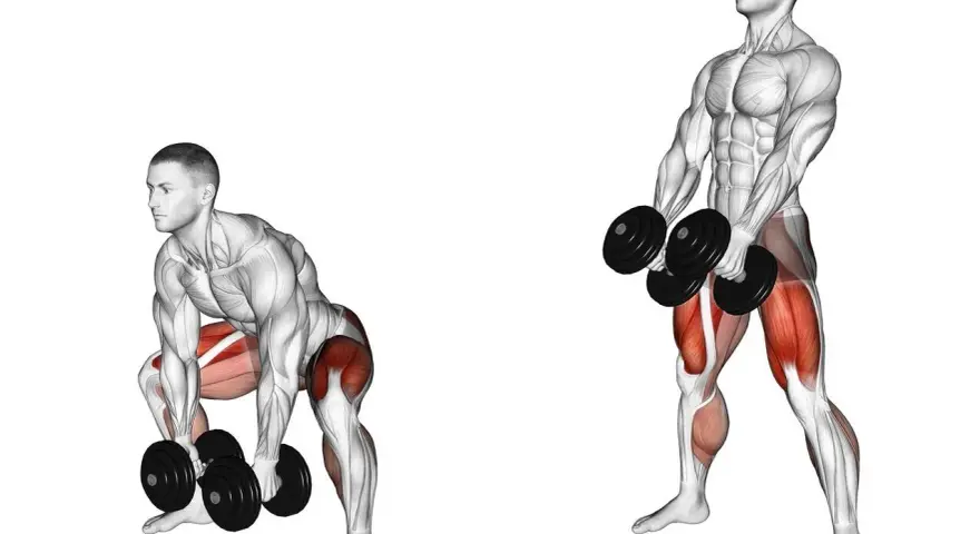 Homme faisant un soulevé de terre roumain avec haltères, ciblant le muscler interieur cuisse.