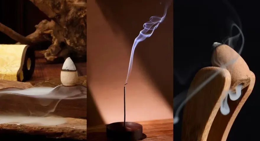 Tres escenas de incienso: un cono en madera, una varilla con humo ondulante y dos conos en un soporte. Aprende como apagar incienso.