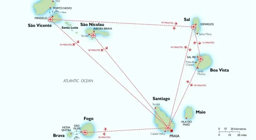 Mapa przedstawia wyspy Zielonego Przylądka na Oceanie Atlantyckim, z zaznaczonymi połączeniami lotniczymi między nimi.