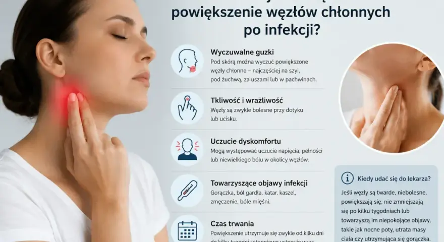 Kobieta dotyka szyi, gdzie widoczne jest zaczerwienienie, wskazujące na zapalenie węzłów chłonnych. Obraz przedstawia objawy powiększenia węzłów.