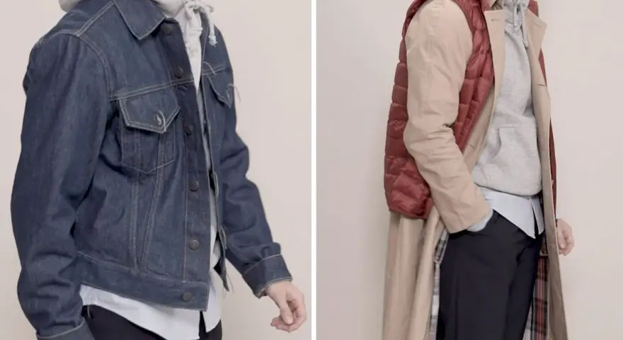 Dos looks de entretiempo: cazadora vaquera y sudadera, o gabardina, chaleco acolchado y sudadera.