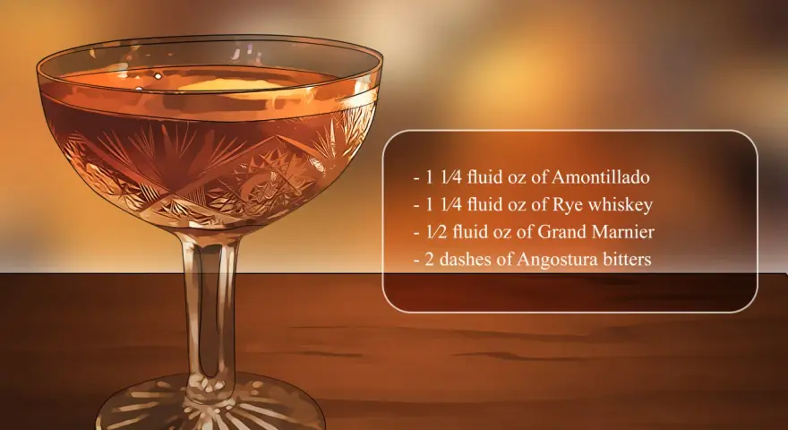 Ein eleganter Sherry-Cocktail, der zeigt, wie trinkt man Sherry: Amontillado, Rye Whiskey, Grand Marnier und Angostura.