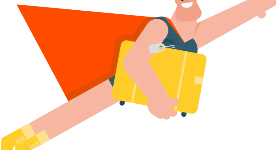 Cartoon man with orange cape and yellow boots flying with a yellow suitcase.