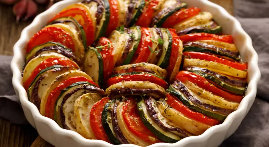 Ratatouille, un piatto estivo veloce e colorato, con fette alternate di pomodoro, zucchine, melanzane e patate disposte a spirale in una teglia bianca.