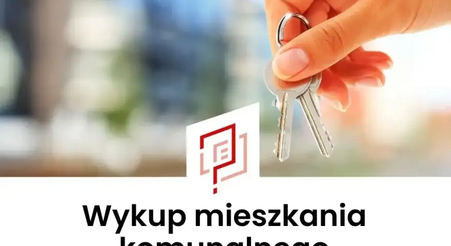 Dłoń trzyma klucze. Pod spodem napis "Wykup mieszkania komunalnego", sugerujący cenę za metr.