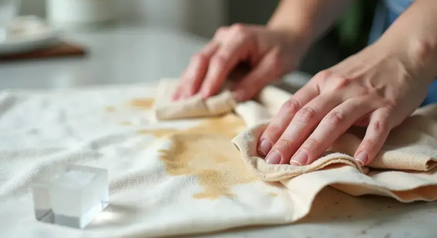 Ręce delikatnie usuwają plamę z żywicy z jasnego materiału za pomocą ściereczki.