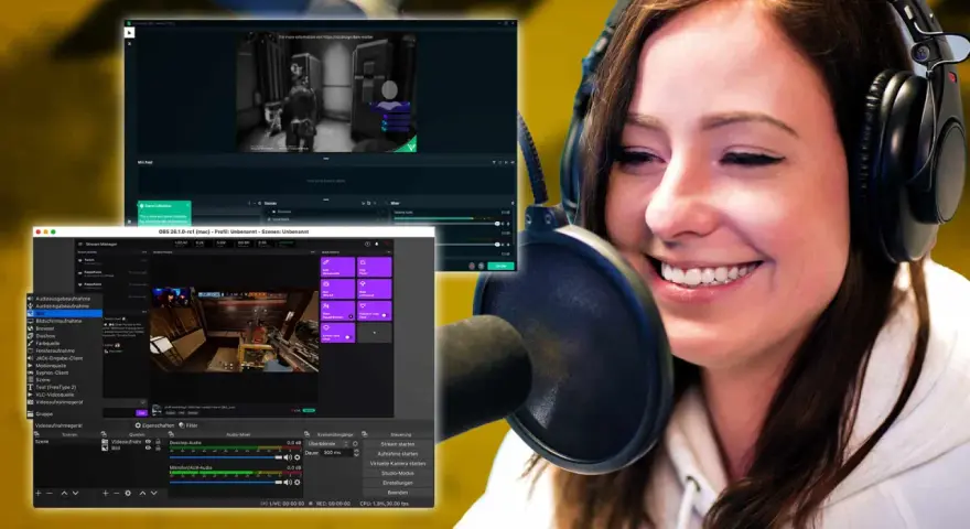 Eine Frau mit Kopfhörern lacht vor einem Mikrofon, während sie ihren Stream-Setup mit OBS und anderen Programmen im Hintergrund einrichtet.