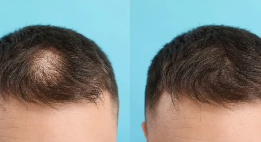 Före och efter bilder som visar resultat av microneedling hårbotten. Håret ser tätare ut efter behandlingen.